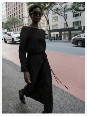Zara Belted Crepe Maxi Dress Black Boatneck Gold Embellishments Size S
